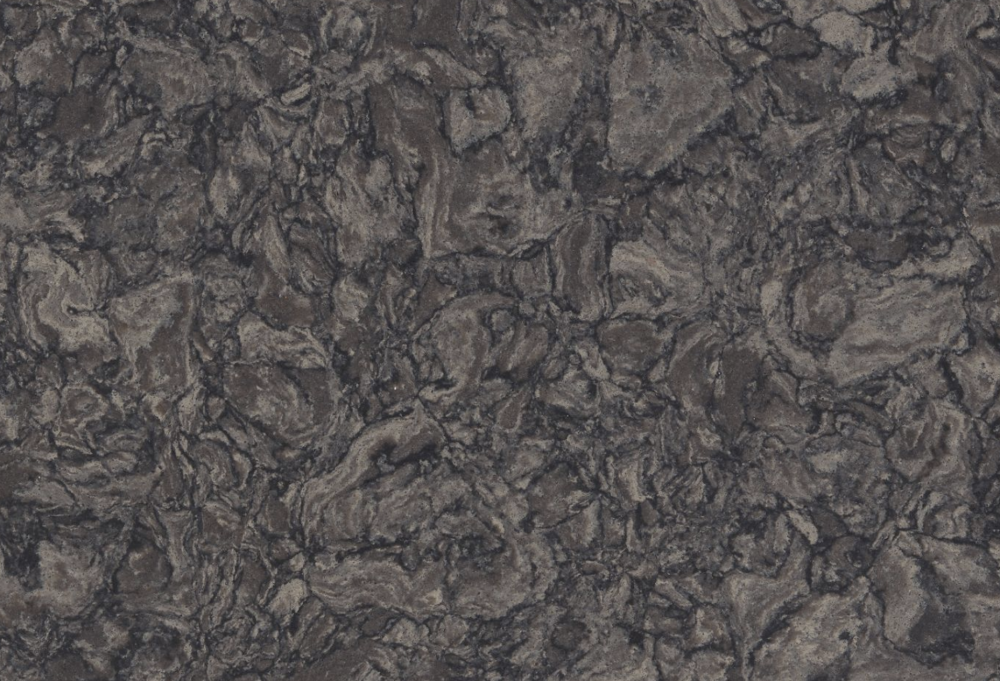 Ashbourne Matte quartz slab featuring a deep charcoal brown base with swirling taupe and black patterns in Downers Grove Ashbourne Matte quartz slab with a deep charcoal brown base and swirling taupe and black patterns in Downers Grove