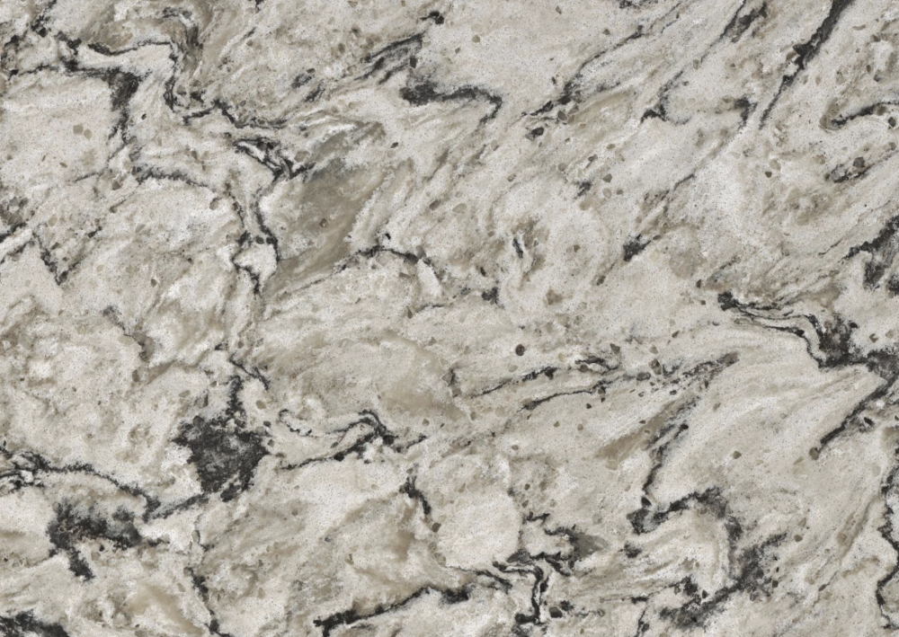 Bellingham quartz slab by Cambria with cream background and grey veining in Wilmette Bellingham quartz slab featuring a warm cream backdrop with subtle charcoal speckles and veining in Wilmette