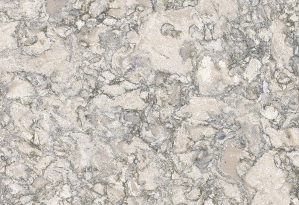 Berwyn quartz slab featuring a creamy beige base with clusters of grey and taupe stone-like patterns in Highland Park Berwyn quartz slab with a creamy beige base and clusters of grey and taupe stone-like patterns in Highland Park