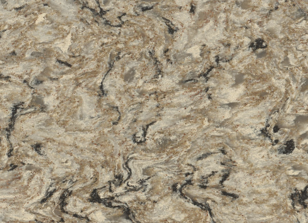 Cambria Bradshaw quartz with warm beige background and contrasting dark veins in Deerfield Bradshaw quartz slab with beige and taupe background accented by dark brown and black swirling veins in Deerfield
