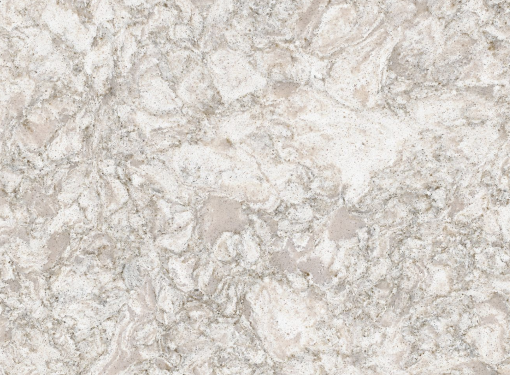 Cambria Chatsworth quartz features an intricate blend of beige, cream and tan swirls in Chicago Chatsworth quartz surface with an intricate blend of beige, cream and tan swirls forming a natural stone pattern in Chicago