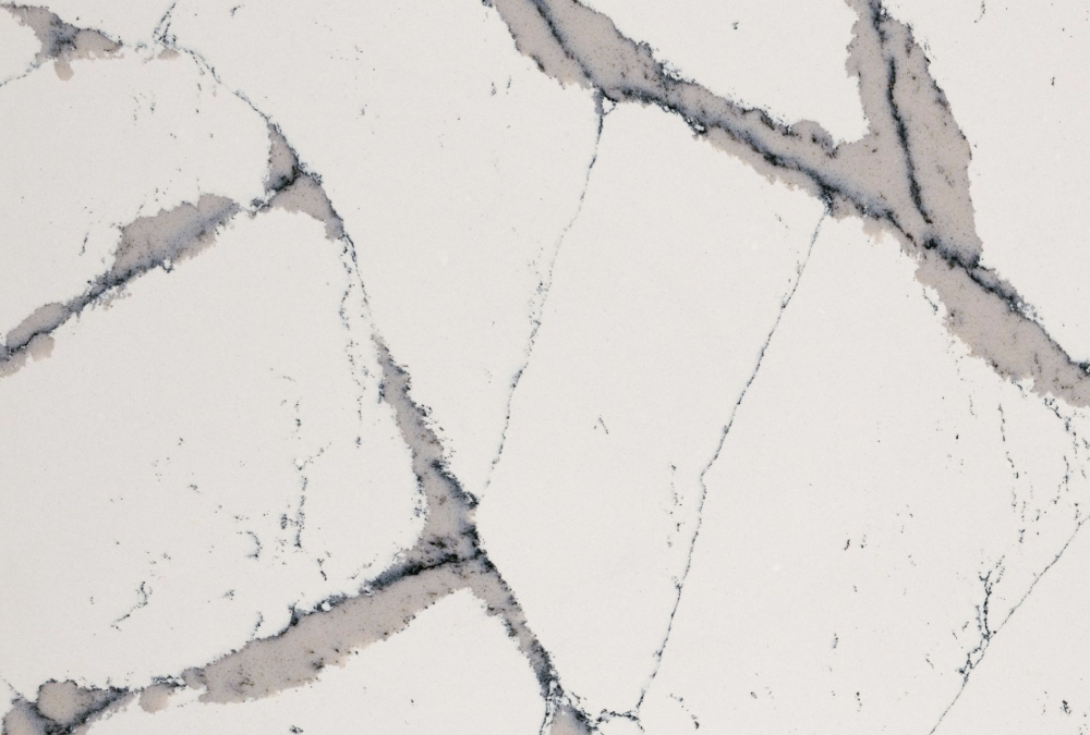 Harrogate quartz slab featuring a clean white background with wide taupe segments outlined by dark grey veining in Glencoe Harrogate quartz slab with a clean white background and wide taupe segments outlined by dark grey veining in Glencoe