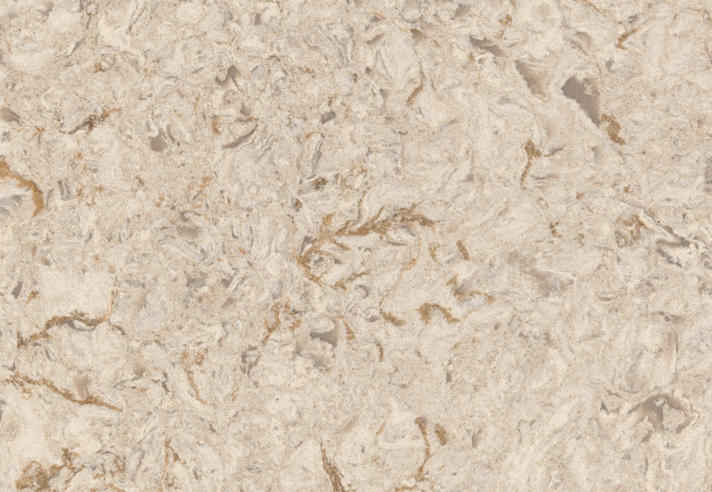Hawkridge quartz slab featuring a warm beige base with swirling cream and caramel patterns in Glenview Hawkridge quartz slab with a warm beige base and swirling cream and caramel patterns in Glenview