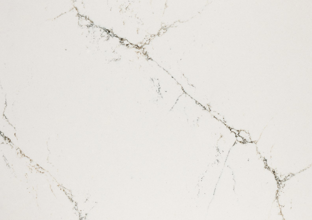 Hawksmoore quartz slab featuring a creamy white background crossed by bold black and tan veining in Algonquin Hawksmoore quartz slab with a creamy white background crossed by bold black and tan veining in Algonquin