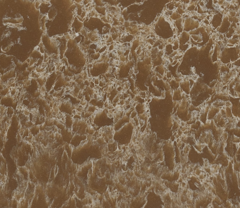 New Brighton quartz slab featuring a warm caramel brown base with cream-colored marbled swirls in Berwyn New Brighton quartz slab with a warm caramel brown base and cream-colored marbled swirls in Berwyn