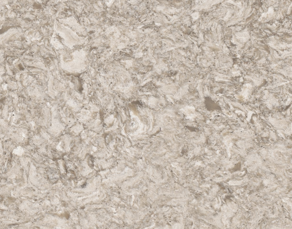 New Quay quartz slab featuring a creamy beige background with swirling taupe and white patterns in Arlington Heights New Quay quartz slab with a creamy beige background and swirling taupe and white patterns in Arlington Heights
