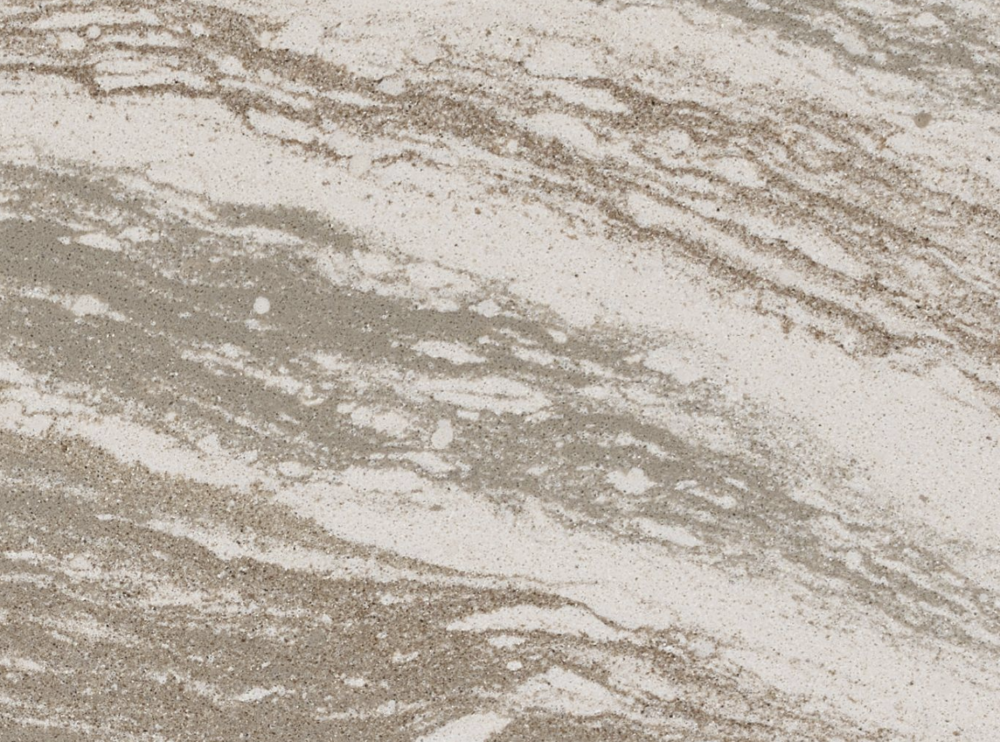 Oakmoor quartz slab featuring flowing taupe and beige streaks across a creamy white base in Burr Ridge Oakmoor quartz slab with flowing taupe and beige streaks across a creamy white base in Burr Ridge