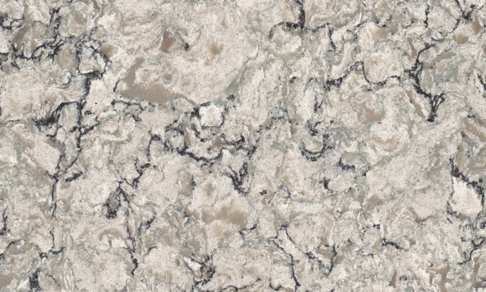 Praa Sands quartz slab featuring a sandy beige background and dramatic dark grey and taupe veining in Glen Ellyn Praa Sands quartz slab with a sandy beige background and dramatic dark grey and taupe veining in Glen Ellyn