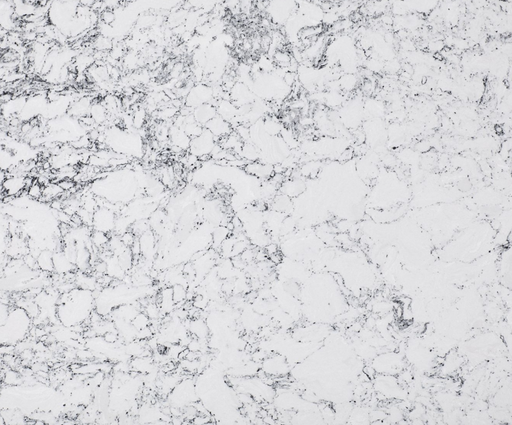 Rosedale quartz slab featuring a crisp white background and intricate dark gray veining in Wilmette Rosedale quartz slab with a crisp white background and intricate dark gray veining in Wilmette