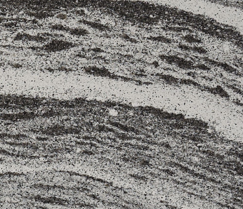 Roxwell granite slab featuring bold horizontal black and grey stripes against a white background in Evanston Roxwell granite slab with bold horizontal black and grey stripes against a white background in Evanston