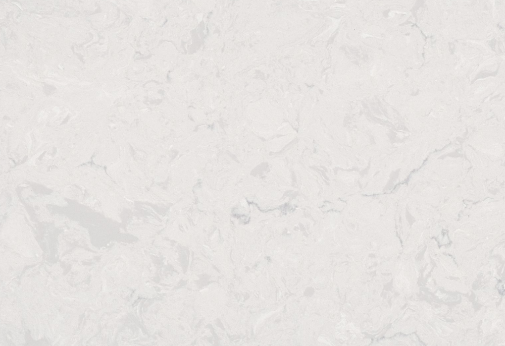 Weybourne quartz slab by Cambria with white base and light gray veins in Oak Park Weybourne quartz slab featuring a soft white background with delicate gray veining in Oak Park