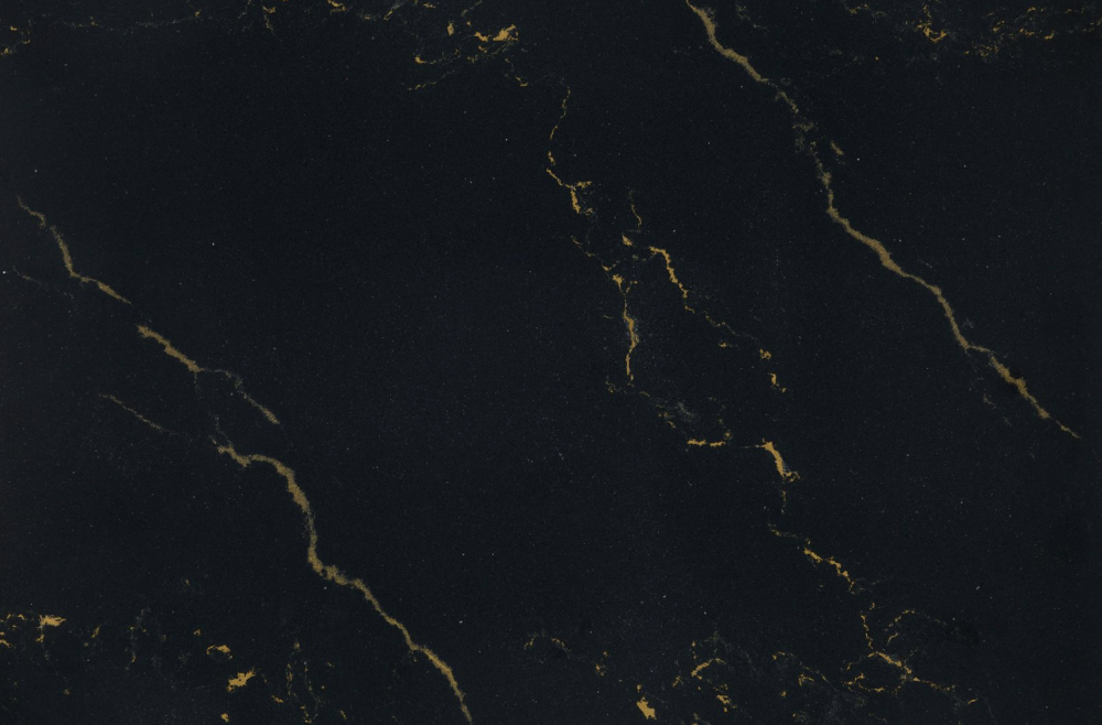 Woodcroft quartz slab featuring a dramatic black background with striking gold veining for Barrington countertops Woodcroft quartz slab with dramatic black background and striking gold veining, ideal for countertops in Barrington homes